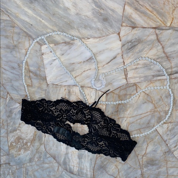 Rene Rofe  Pearl Necklace Bra Small/Medium Black Lace  White Pearl - Picture 8 of 9